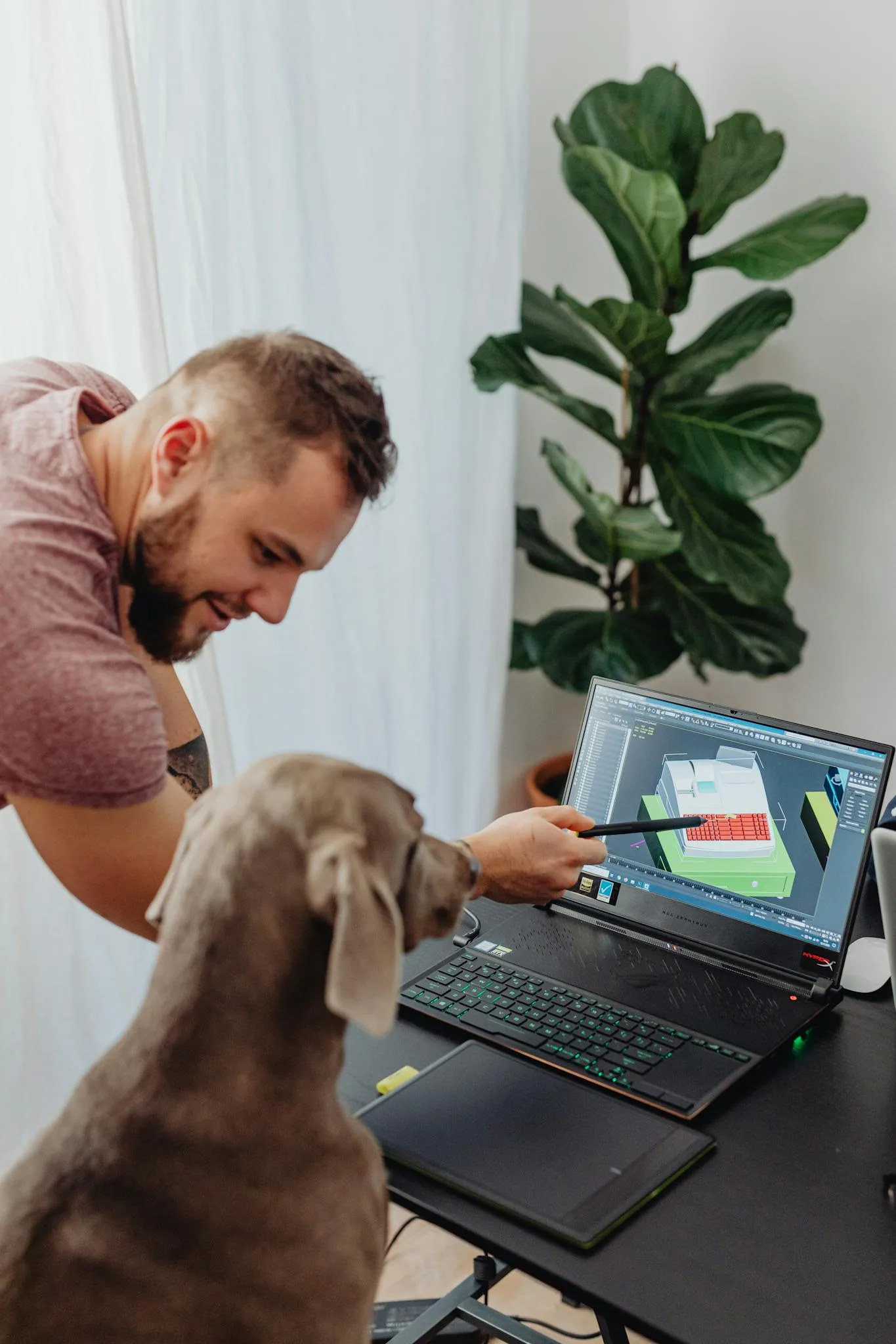 A man instructs a dog using a laptop in a home office with a potted plant nearby.