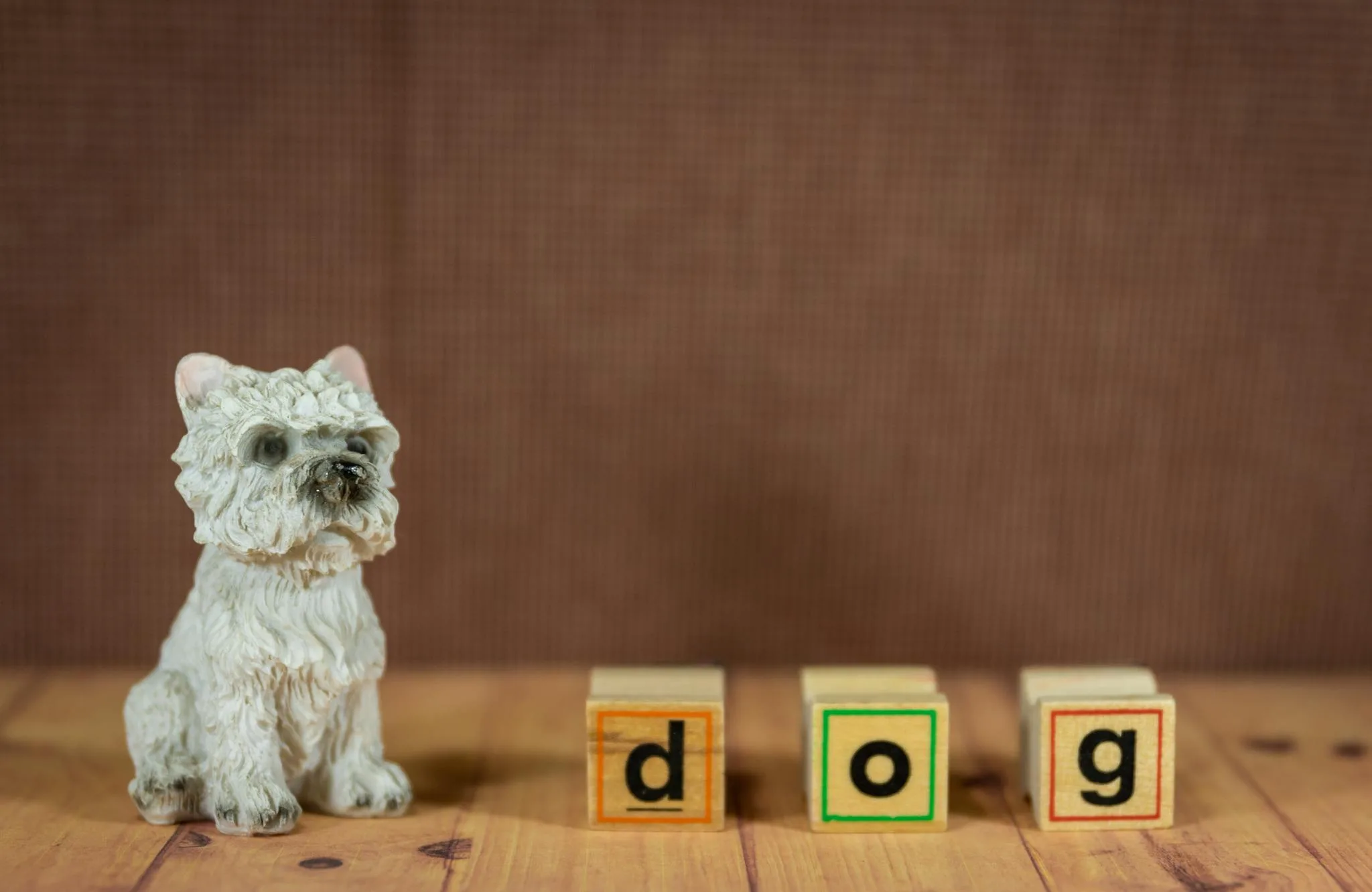 Cute dog figurine next to colorful wooden blocks spelling 'dog' on a wood surface. Perfect for toy or pet-themed visuals.